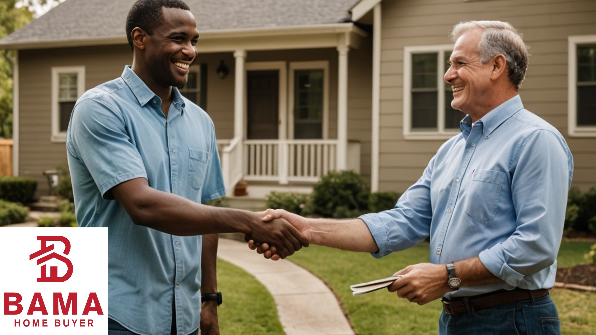 Handshake between homeowner and local Birmingham investor in front of a residential property with a 'Sold' sign